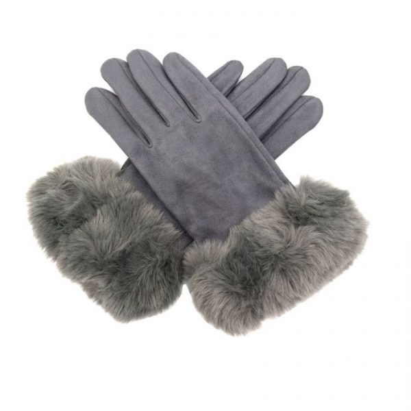 Grey fur trim gloves